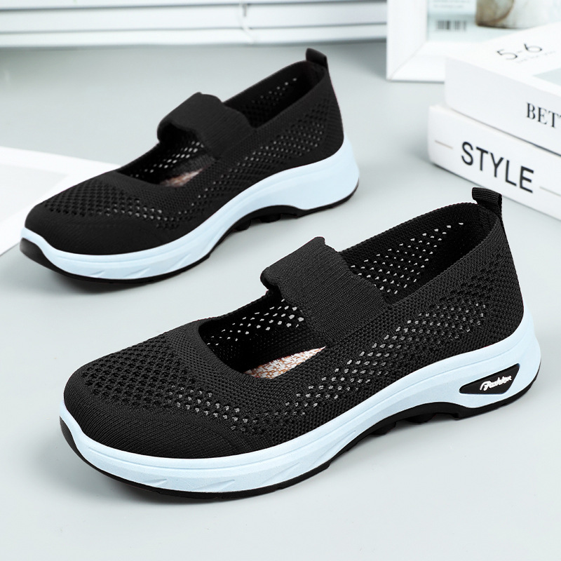 Women's summer shallow-mouthed fly-knit single shoes, breathable, one-foot flat shoes, shoes for middle-aged and elderly mothers, old Beijing cloth shoes Specification drawing