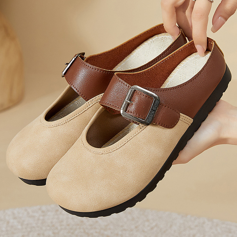Summer new Japanese-style lazy bag, half-drag, color-blocked Boken shoes, fashionable, simple and casual women's shoes full figure