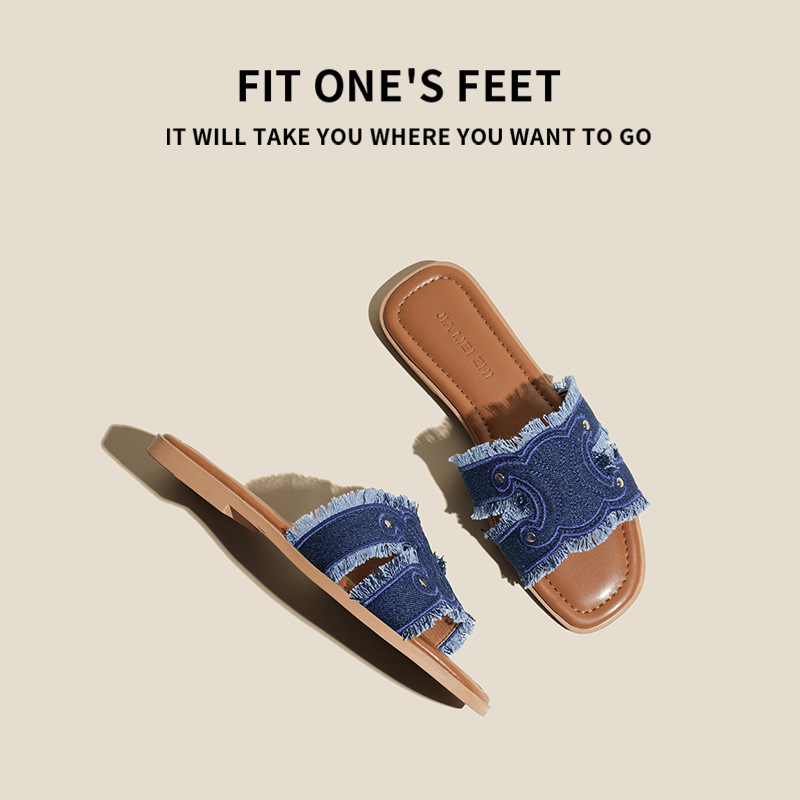 Sheepskin version ~2025 new genuine leather denim one-shoulder slippers for women's summer outerwear, flat half slippers, French flip-flops Application Scenario