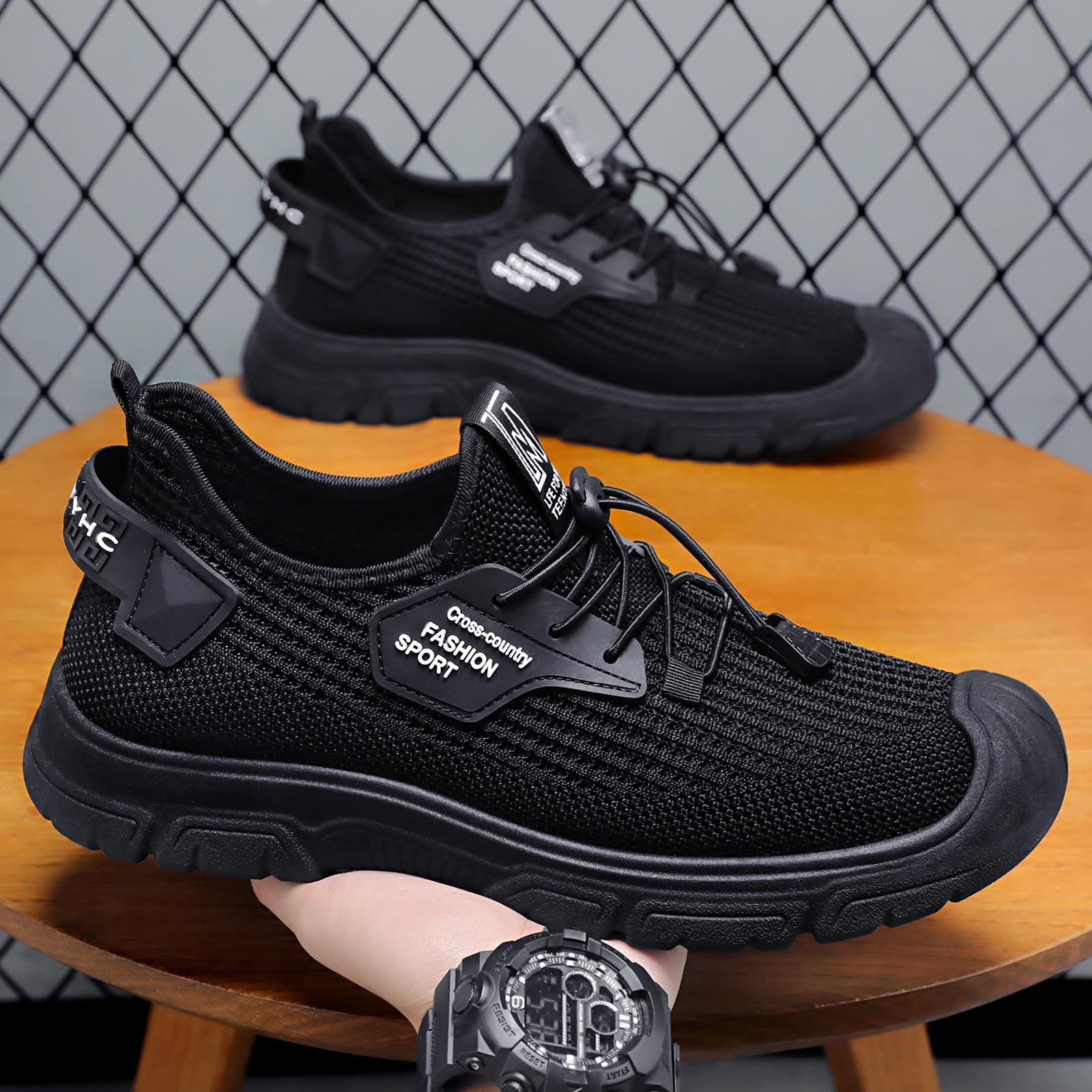 Men's summer single shoes, casual shoes, flying woven breathable and non-smelly feet men's shoes, solid color versatile men's shoes, dad shoes details Picture