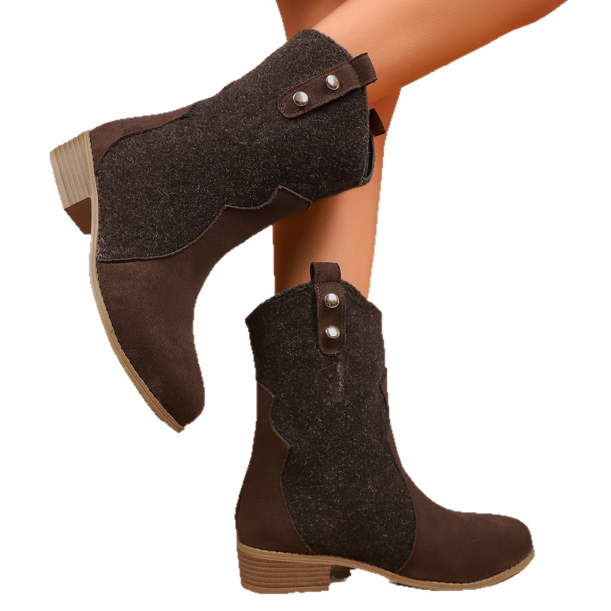 Cross-border European and American low-top fashion boots for women, large-sized women's fashion square heel pleated boots for western riders Item Picture