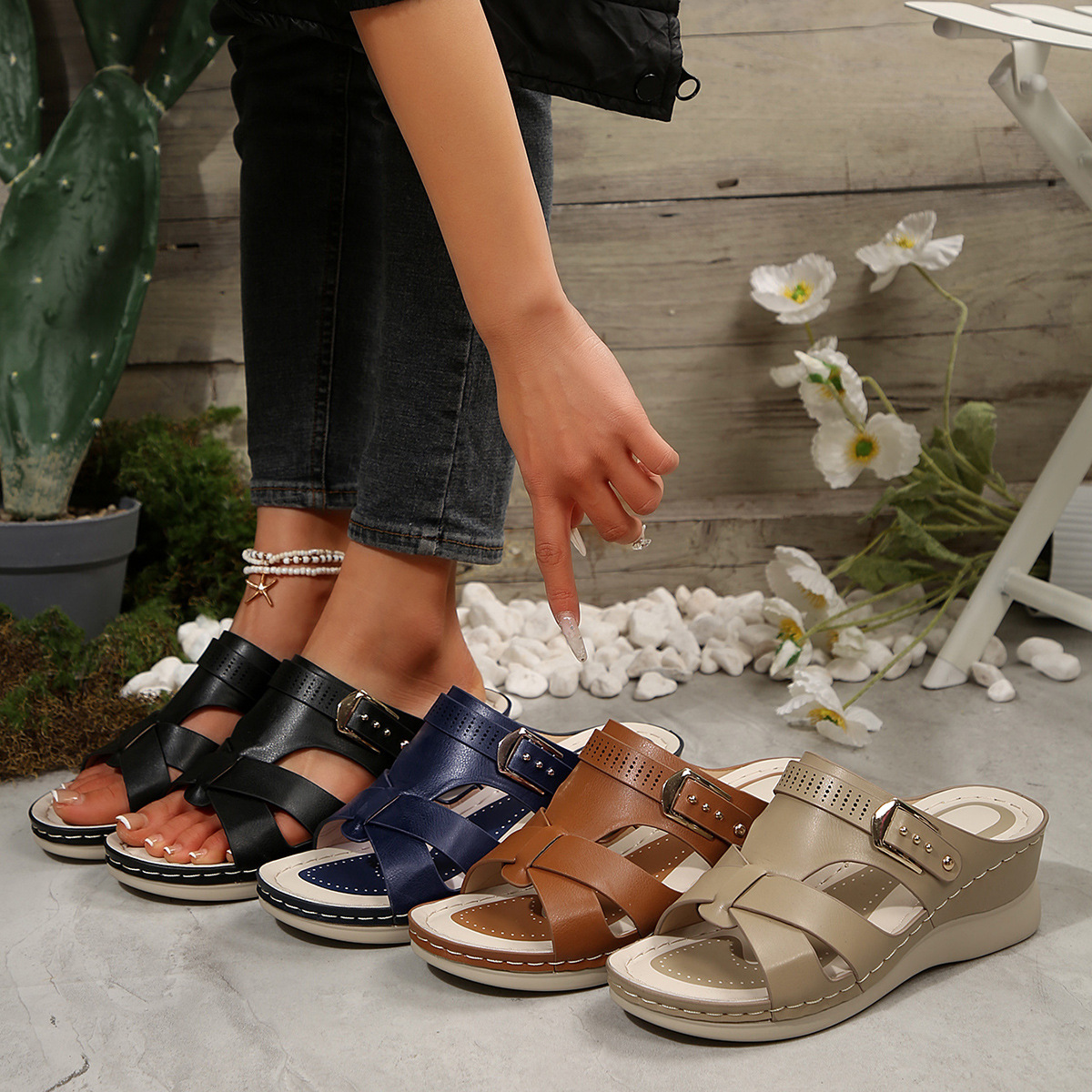 New cross-border large-sized slippers for women in the summer of 2025, featuring European and American wedge heels, thick-soled hollowed-out rivets, and crossed one-line slippers for women details Picture