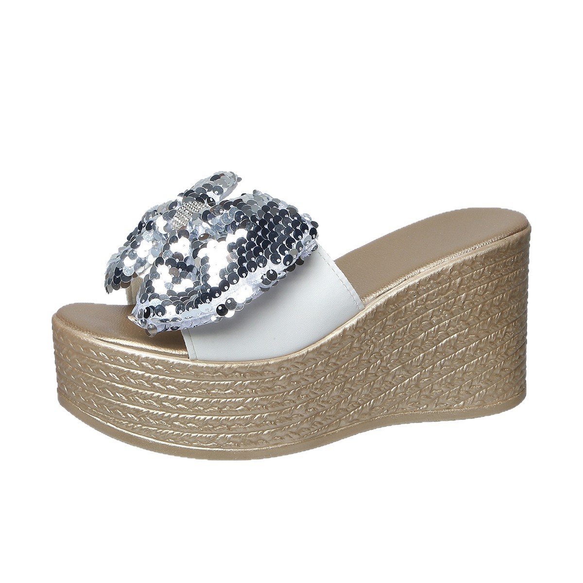 Thick-soled slippers for women's summer outerwear with bows, lazy high-heeled one-shoulder flip-flops, a new style of sloping heels for women in 2025 Item Picture