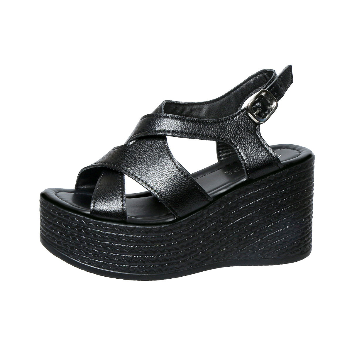 European and American export plus-size wedge heel sandals for women in the summer of 2025, new one-shoulder buckle thick-soled high-heeled fish-mouth sandals for women Item Picture