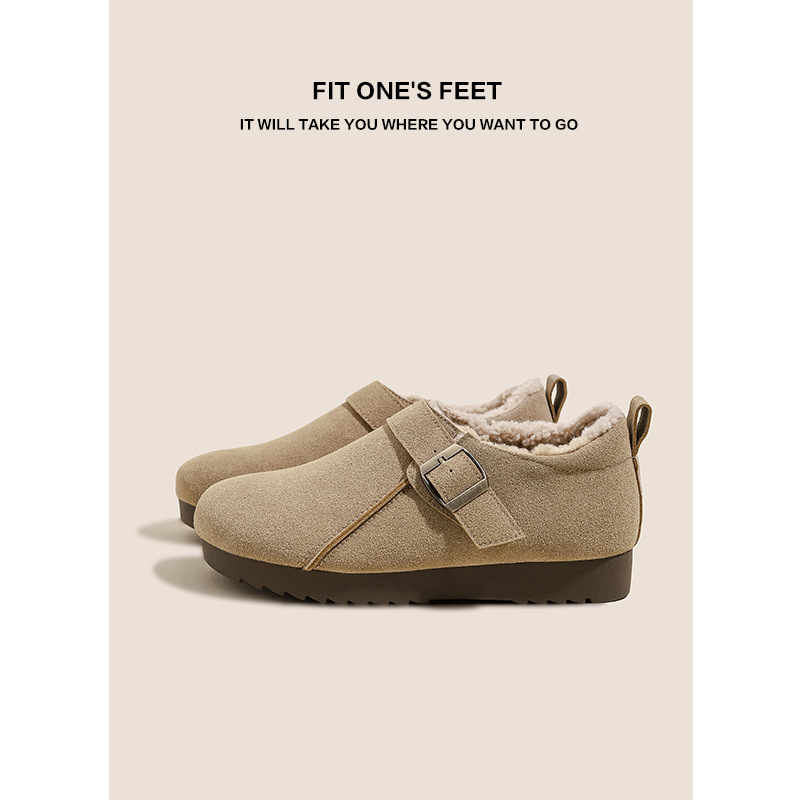 Large-sized insole leather soft-soled Burken shoes for women's 2024 winter new round toe one-button casual and versatile cotton shoes full figure