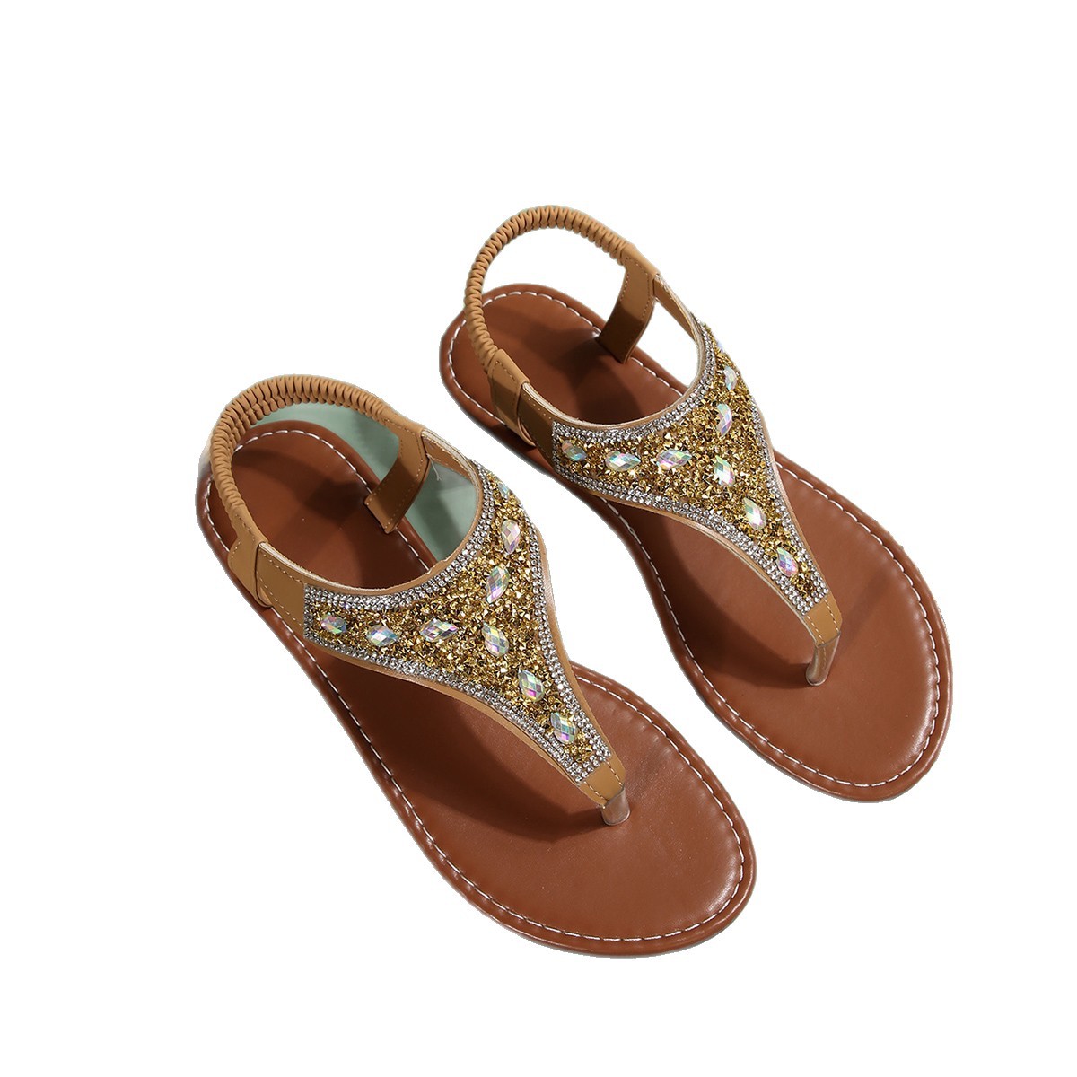 Cross-border 2025 Bohemian Ethnic style women's shoes, summer fashion beach flat sandals, beaded water diamond pinch shoes Item Picture
