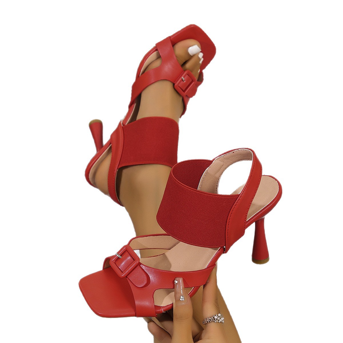 Sexy skinny high-heeled sandals for women, European and American export, large-sized one-line style, nightclub, super high-heeled elastic band sandals for women Item Picture