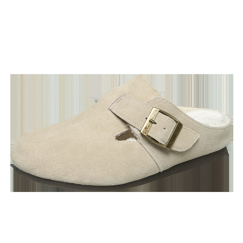 Grape Mom's French retro soft-soled genuine leather toe cap, half-drag, one-pedal insole height-increasing Birken shoes for women, new style with fleece Item Picture