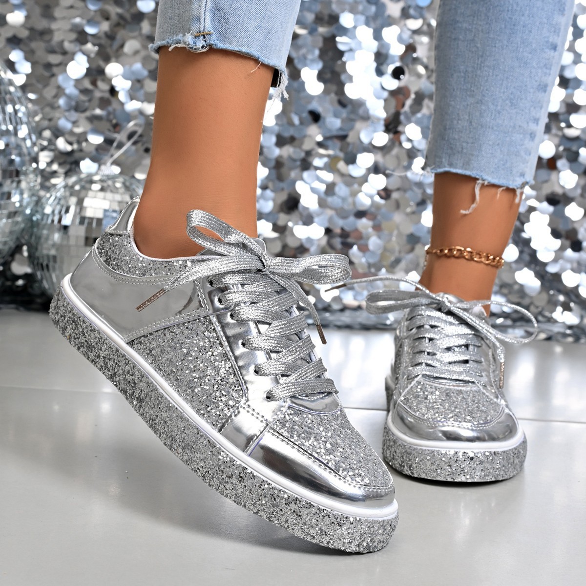 Korean version 2025 new casual thick-soled board shoes, new shiny women's shoes, low-top lace-up flat shoes for couples Specification drawing
