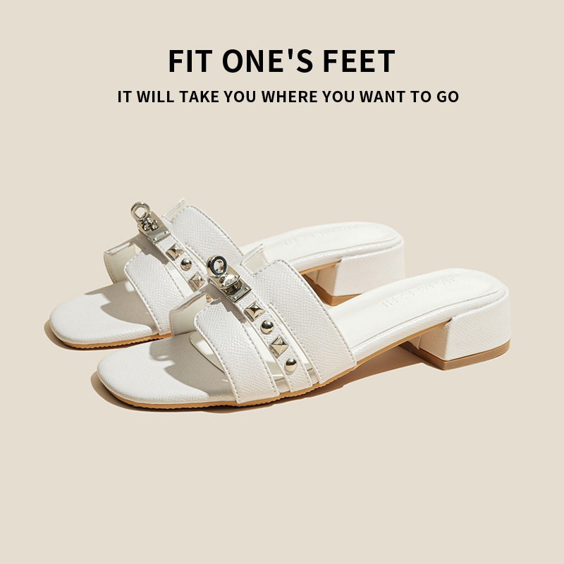 High-end, niche metal-buckle casual slippers for women 2025 new style, versatile for outerwear without tiring feet, summer one-shoulder cooling slippers Specification drawing