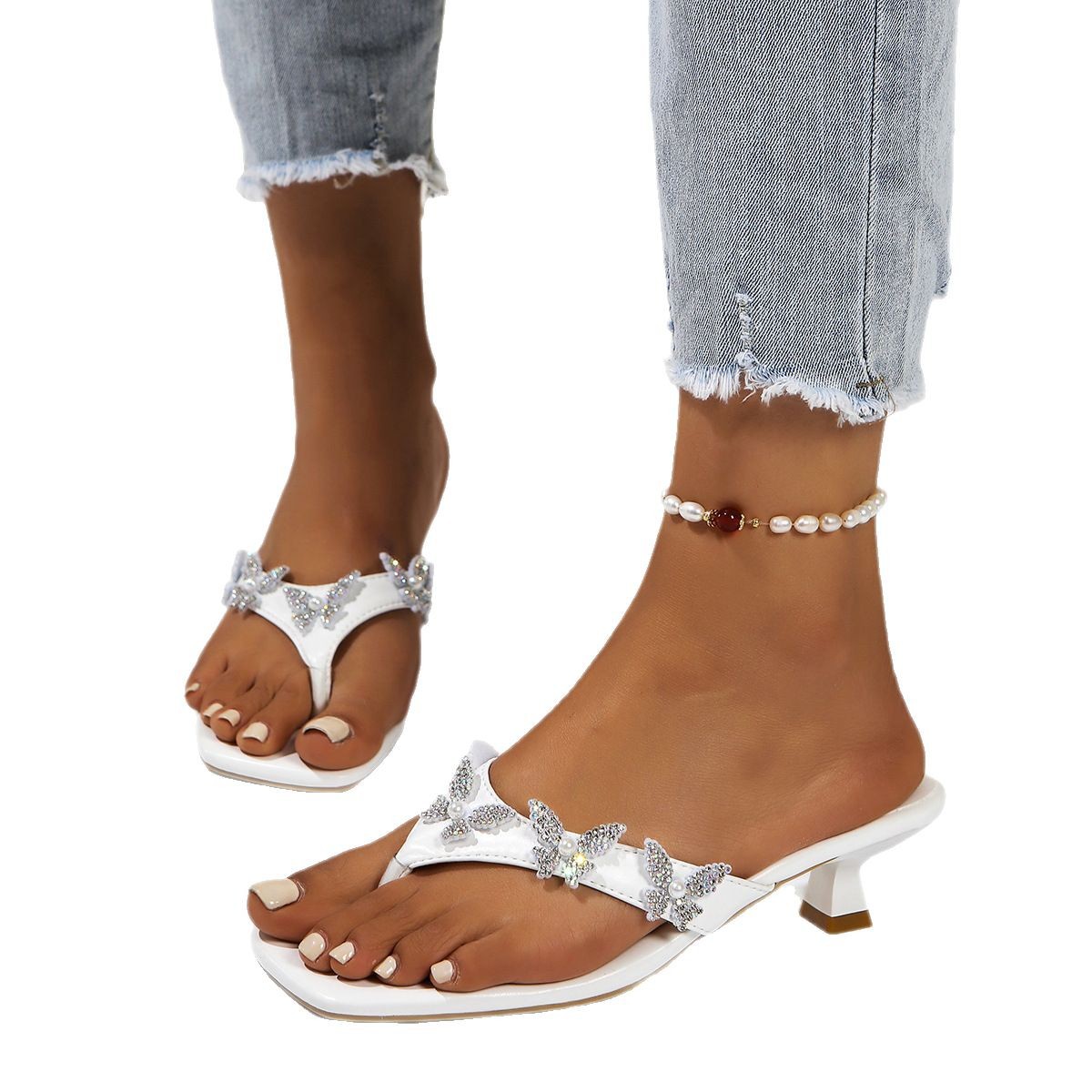 Cross-border large-sized high-heeled flip-flops for women 2025 summer new style European and American rhinestone butterfly square-toed thin-heeled fashion flip-flops Item Picture