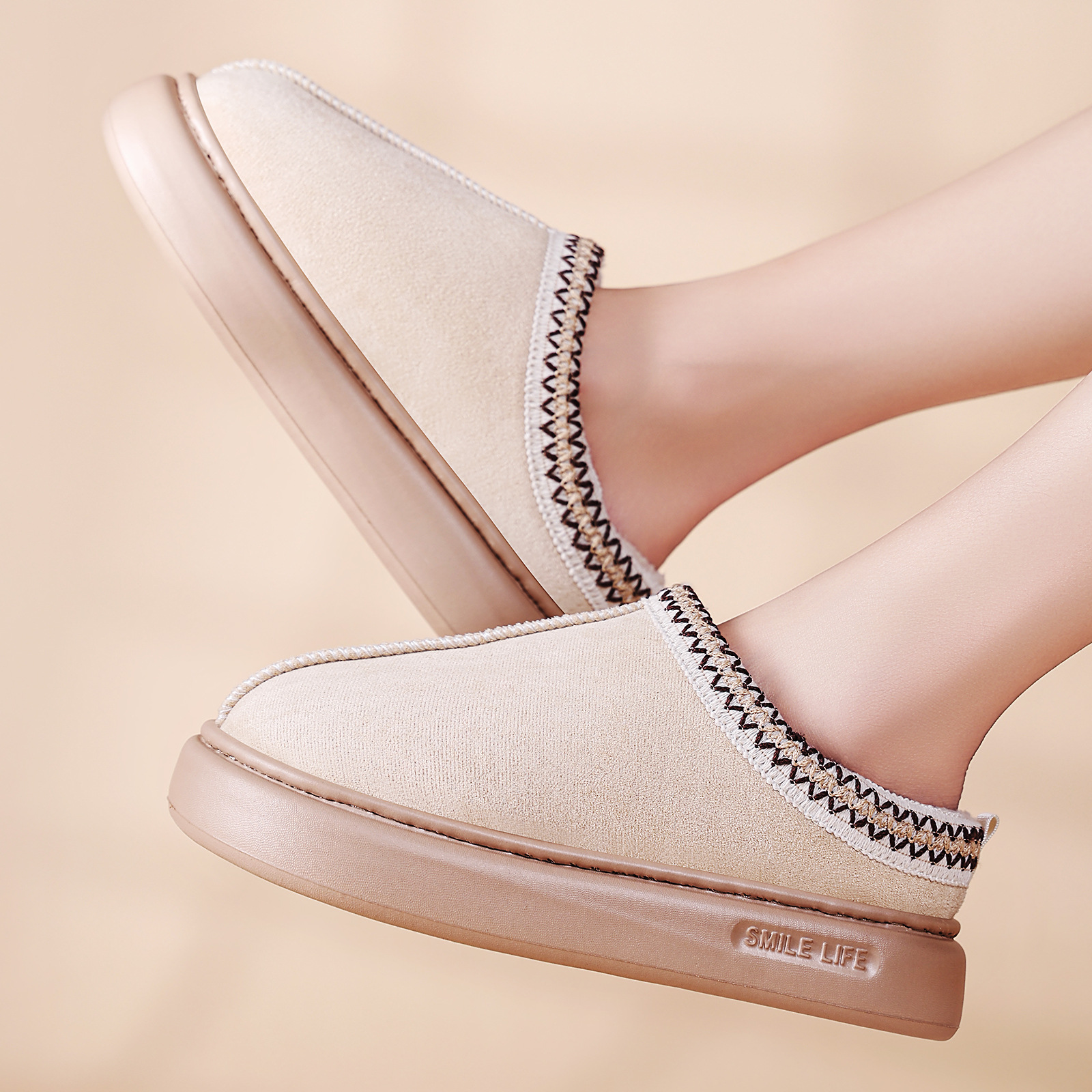Women's winter home ethnic-style half-drag cotton shoes, cross-border large-sized export women's shoes, cotton drag with fleece and thickened slippers Specification drawing