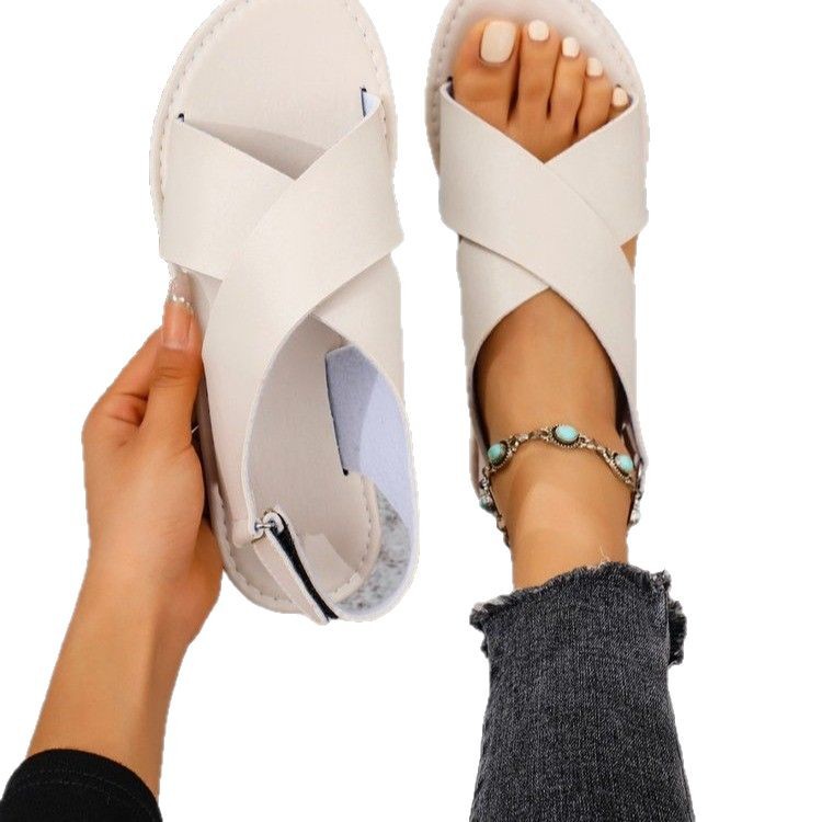2025 New style European and American export large-sized sandals, cross-strap flat sandals, women's wide-band open-toe beach sandals Item Picture