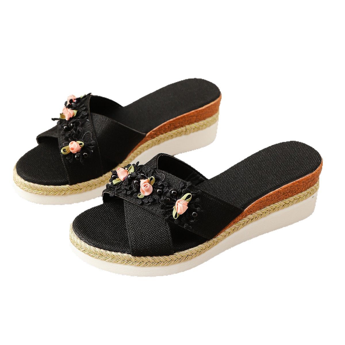 Wholesale of large-sized thick-soled wedge heels and crossed fish-mouth flip-flops for women in European and American style casual wear Item Picture