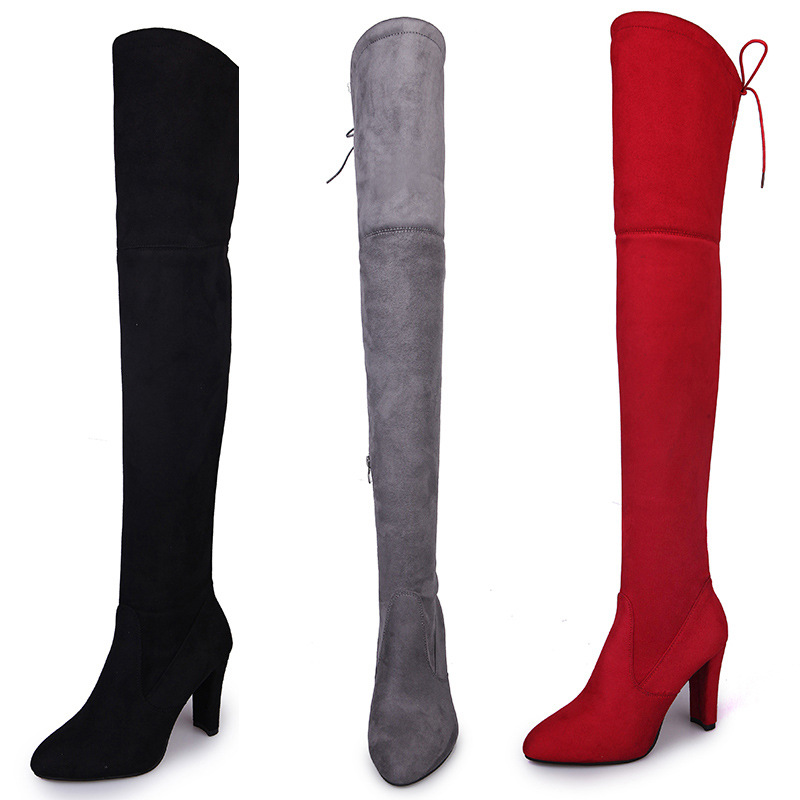 2020 Cross-border wish Export over-the-knee long boots, chunky heels, slim stretch boots, long boots, oversized 40-43 women's shoes for export Specification drawing