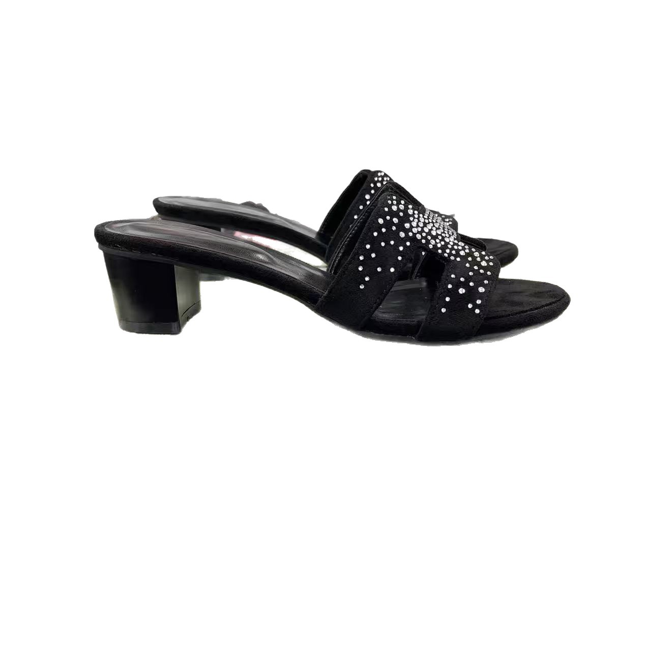 Chunky-heeled slippers for women's outerwear, 2025 summer new versatile rhinestone one-shoulder flip-flops, mid-heel 5CM fashionable slippers Item Picture
