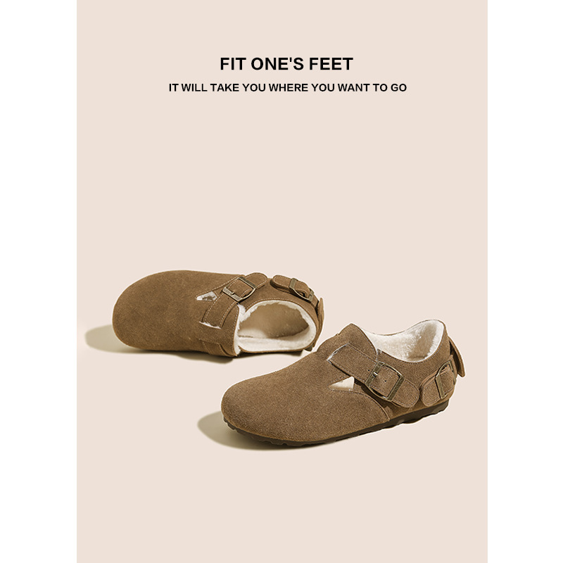 Large-sized Burken shoes with fleece and thickened leather, soft-soled big-headed shoes for women, new winter snow boots, fleece warm cotton shoes Application Scenario