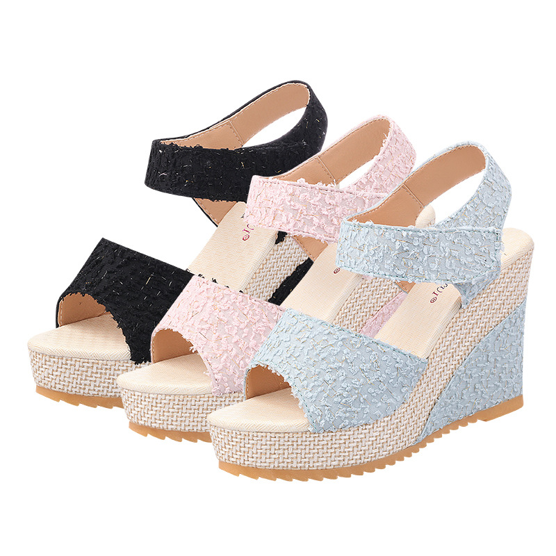 2024 Summer new Korean-style wedge heel fish-mouth sandals for women's casual casual muffin thick-soled high-heeled Velcro women's shoes are available for distribution full figure