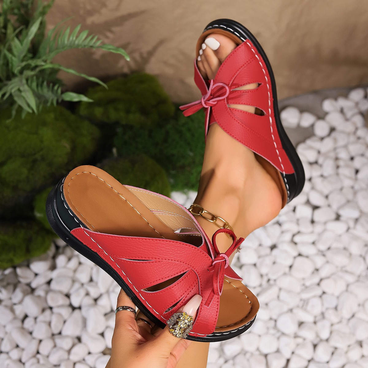 New summer export style of large-sized hollowed-out cross-border bow flat 2025 fish-mouth flip-flops with wedge heels Specification drawing