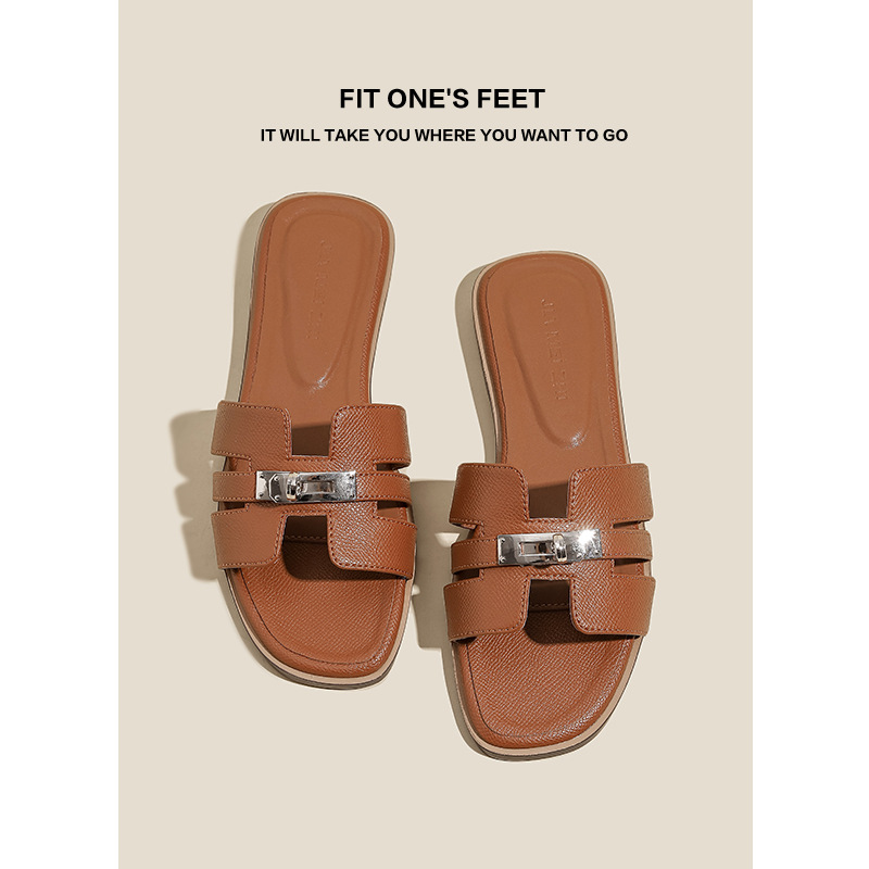 Solid color beach flat slippers for women, new summer 2025 square-toed metal buckle hollowed-out casual one-shoulder flip-flops Specification drawing