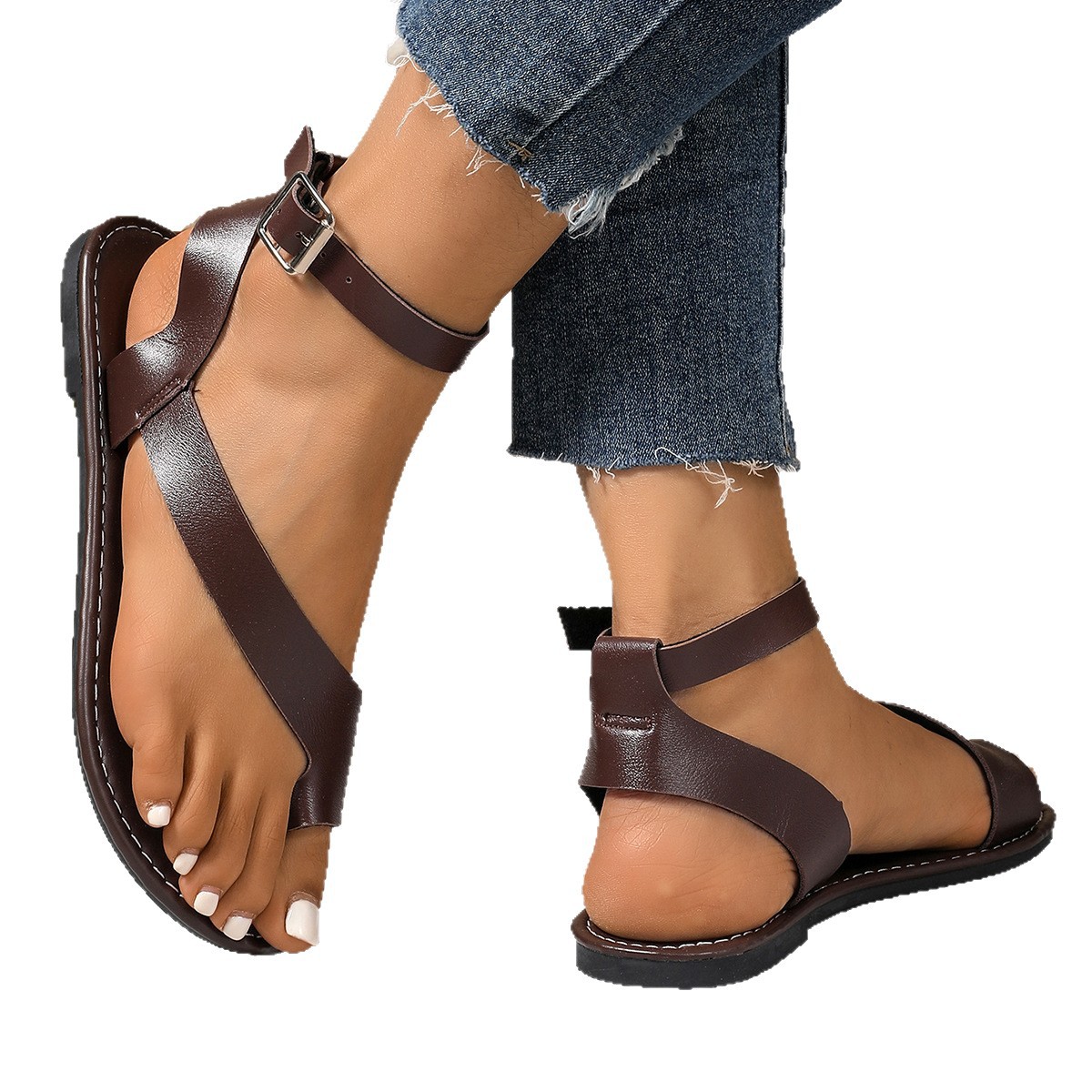 New Spring/Summer 2025 large-sized women's sandals for export, European and American style cross-border women's toe-buttoned flat sandals Item Picture