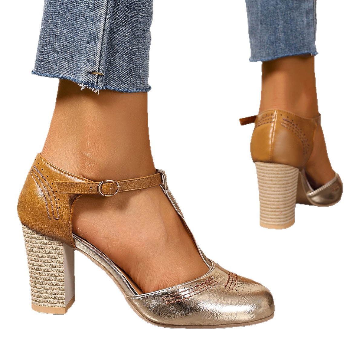 Women's shoes in size 35-43 with large European and American one-piece buckle high heels, new women's thick-heeled hollowed-out sandals Item Picture