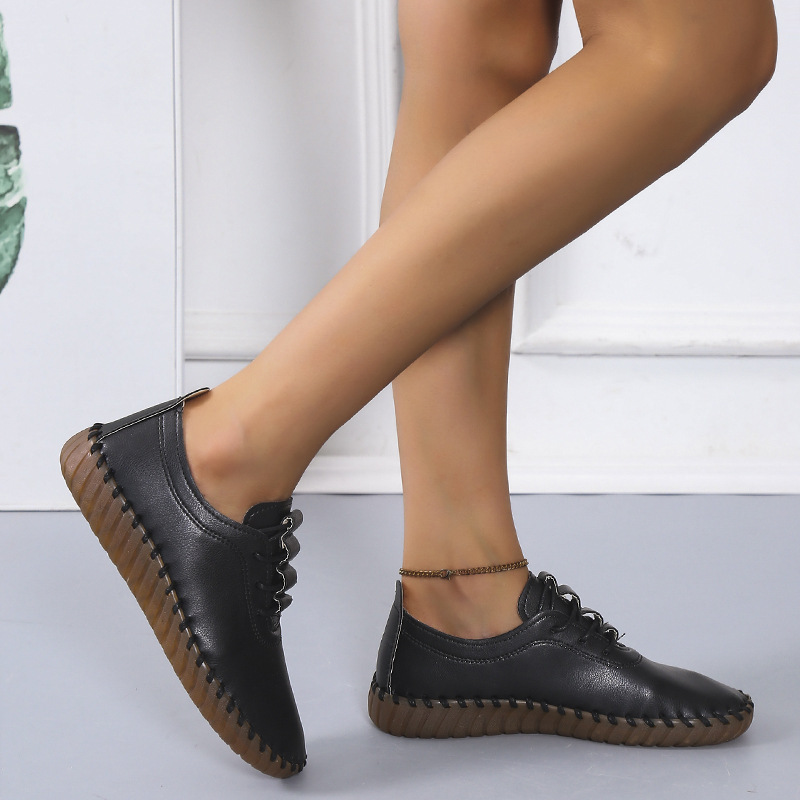 2021 Autumn new Korean-style student casual fashion single shoes, women's round-toed lace-up soft-soled bean shoes, flat shoes Application Scenario