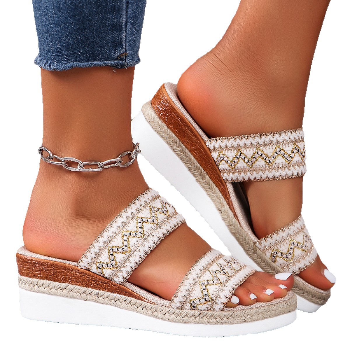 Wholesale of 2025 summer new export wedge heel thick-soled women's shoes, cross-border large-sized one-strap casual wedge heel slippers Item Picture