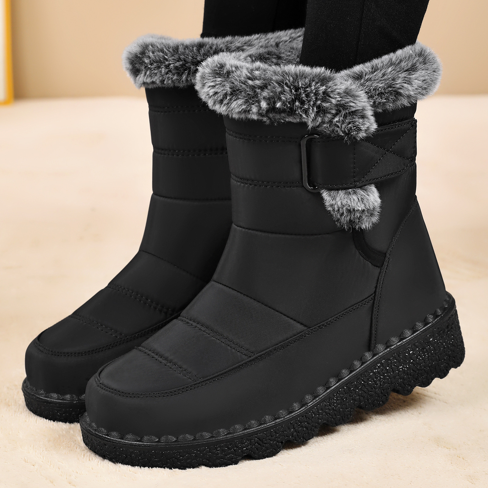 Women's shoes, snow boots, cross-border large-sized polyurethane cotton shoes, fleece and thickened long cotton boots, cold-proof and warm women's boots full figure