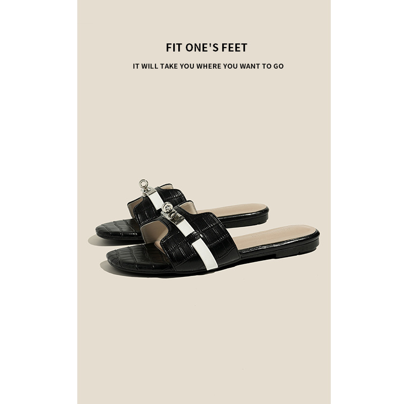 High-end crocodile-patterned metal buckle toe exposed hollowed-out one-shoulder slippers for women's summer, French flip-flops, flat beach slippers Specification drawing
