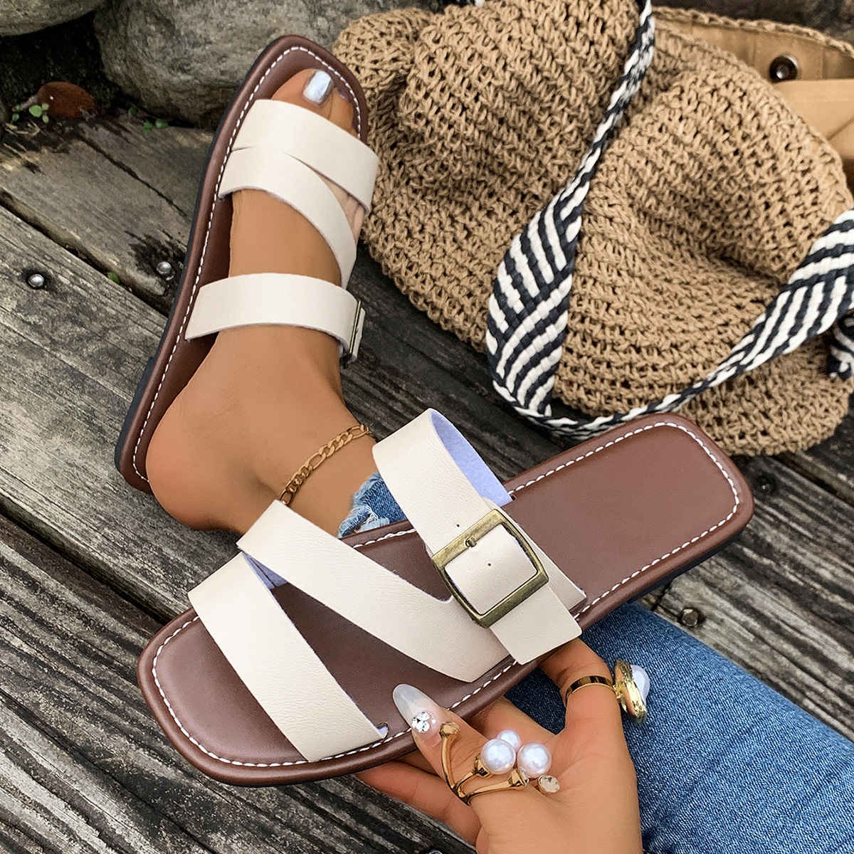 European and American 2025 summer new large-sized women's shoes, metal buckle fashionable flat casual women's slippers, one-piece consignment Specification drawing