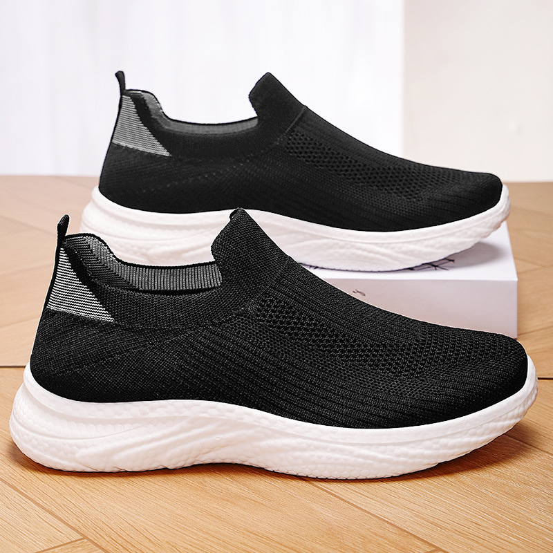 Men's summer shoes that don't stink, solid-colored one-foot sock shoes, breathable flying woven shoes, lightweight soft-soled casual shoes details Picture