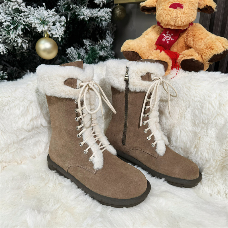 New vintage thick-soled fleece riding boots made of full leather with insole height increase, warm mid-calf Martens laced fur snow boots Specification drawing