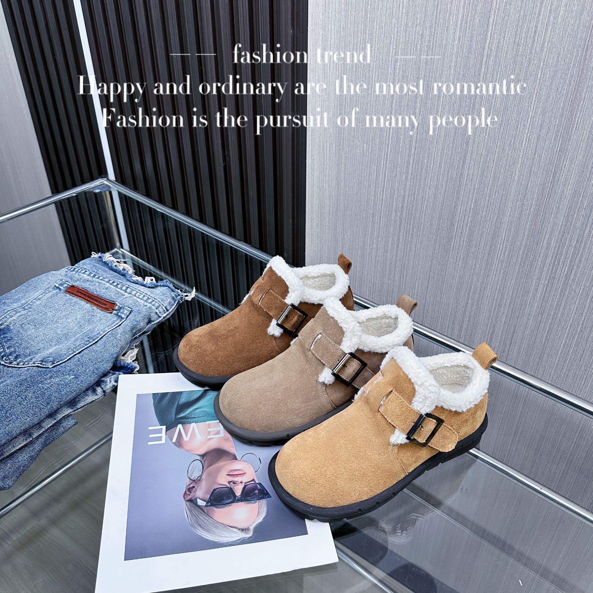 Women's 2023 new style of all-in-one sheepskin and fur snow boots, short, fleece and thickened Boken shoes for winter Specification drawing