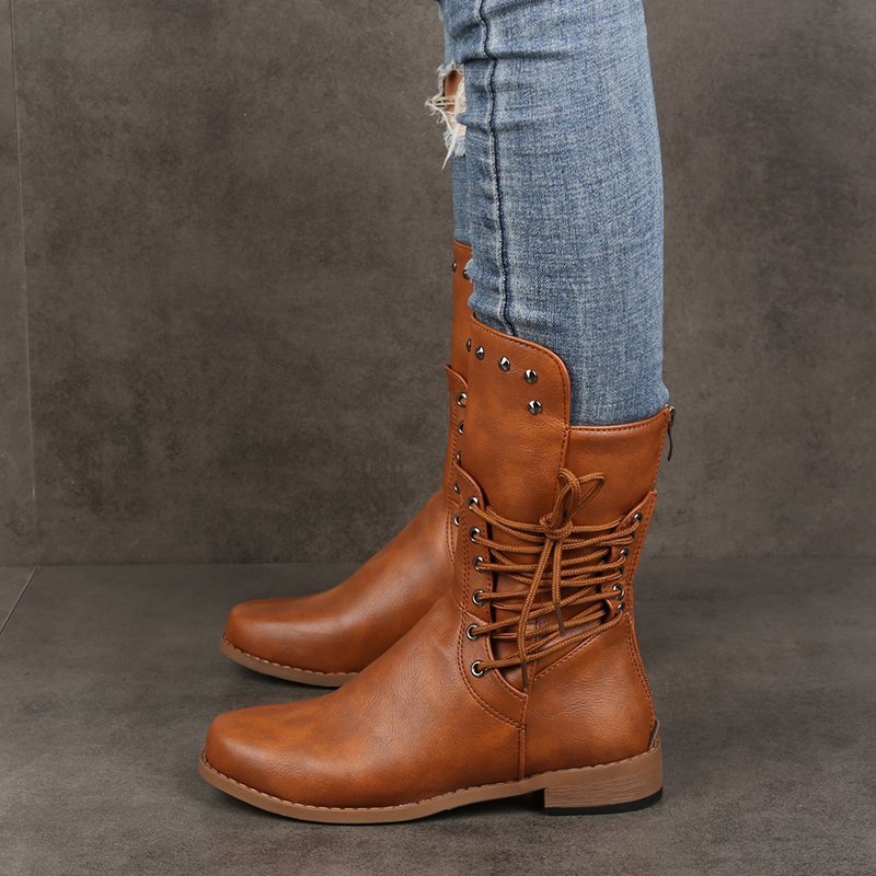 wish AliExpress's new mid-calf boots for women in the 2020 autumn/winter season, featuring European and American soles, square heels, riveted large-sized riding boots full figure