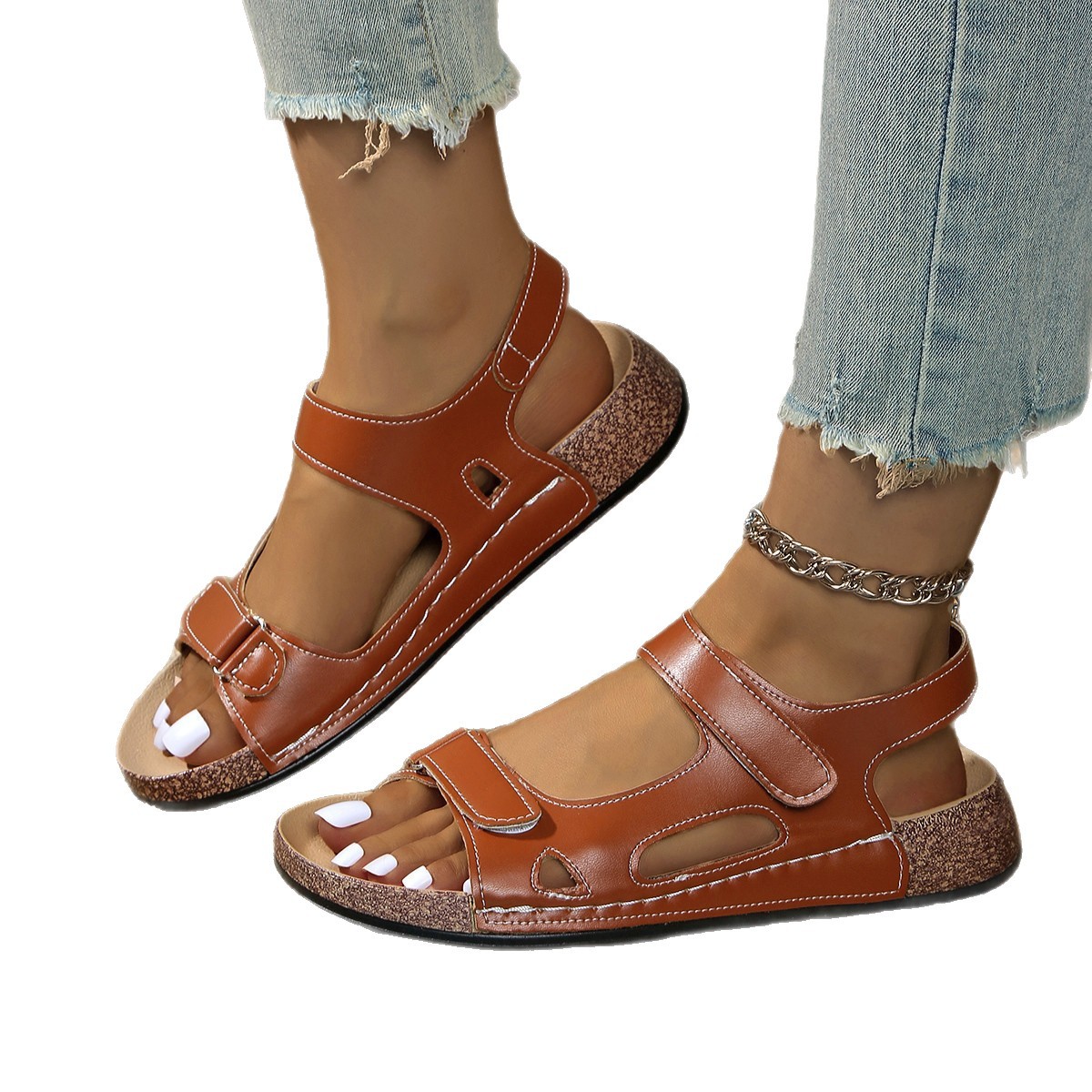 Cross-border large-sized flat sandals for women 2025 Summer new style, European and American fashion Velcro one-piece buckle sandals for women Item Picture