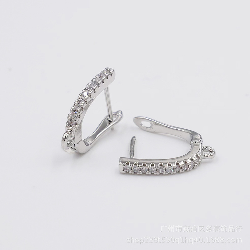 铜耳环电镀18K金色耳环U形镶锆石耳扣配件首饰批发详情4