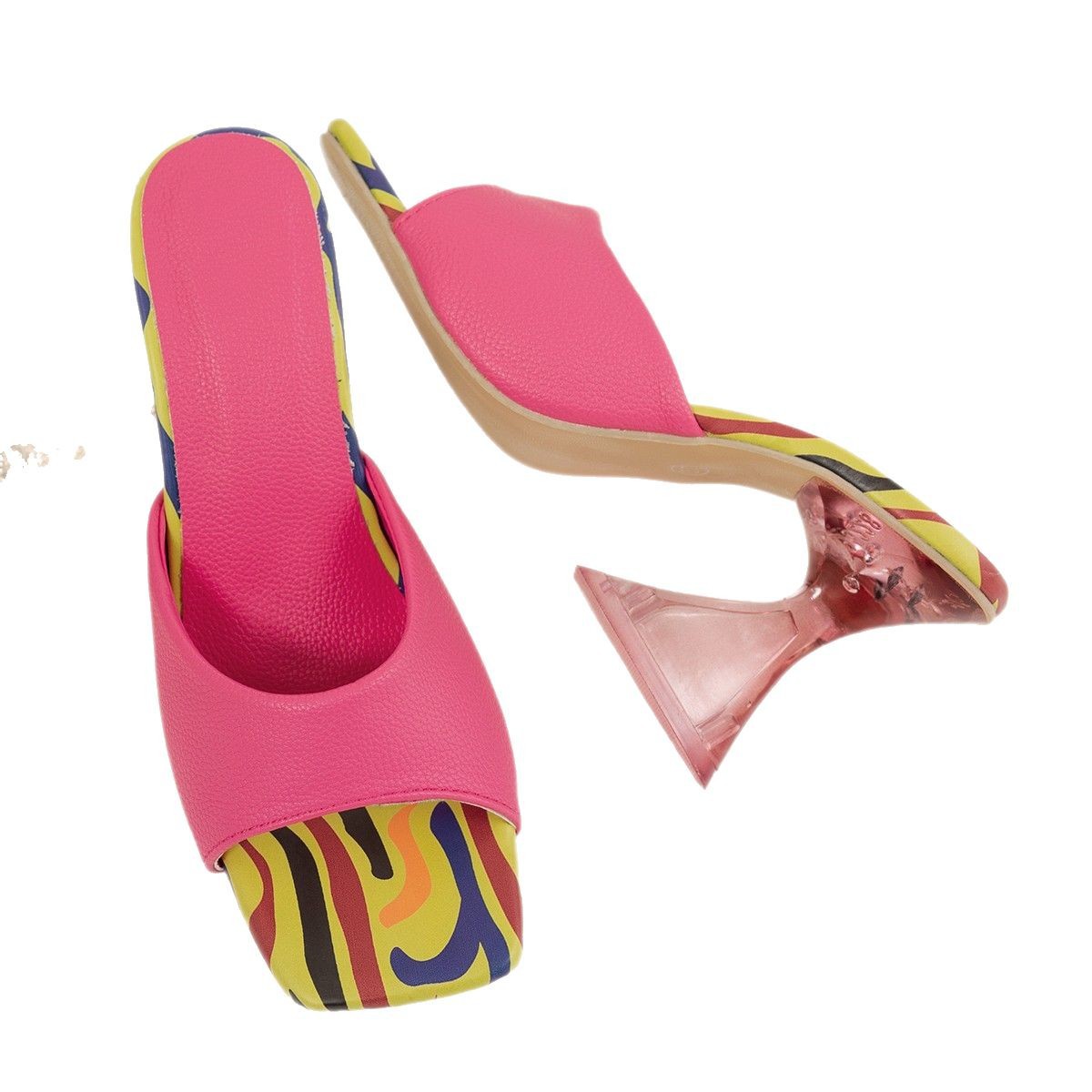 Spring 2025 new fish-mouth slippers, European and American cross-border fashion high-heeled, plus-size, one-piece square head women's outdoor slippers Item Picture