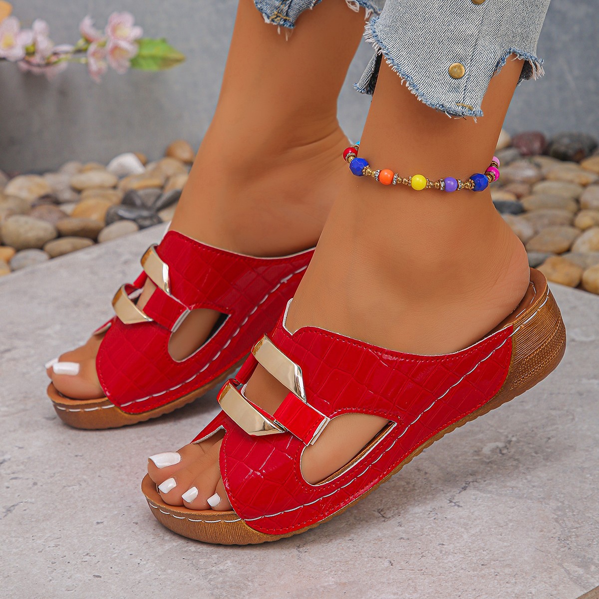 Cross-border large-sized thick-soled flip-flops for women 2025 summer new style wedge heel one-shoulder casual and lightweight women's flip-flops Specification drawing