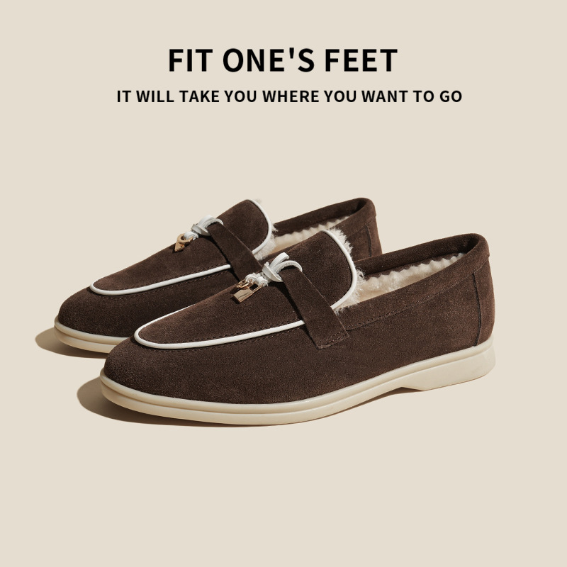 New fleece leather loafers, Italian LP lazy shoes, men's and women's trendy shoes, flat casual shoes for women full figure