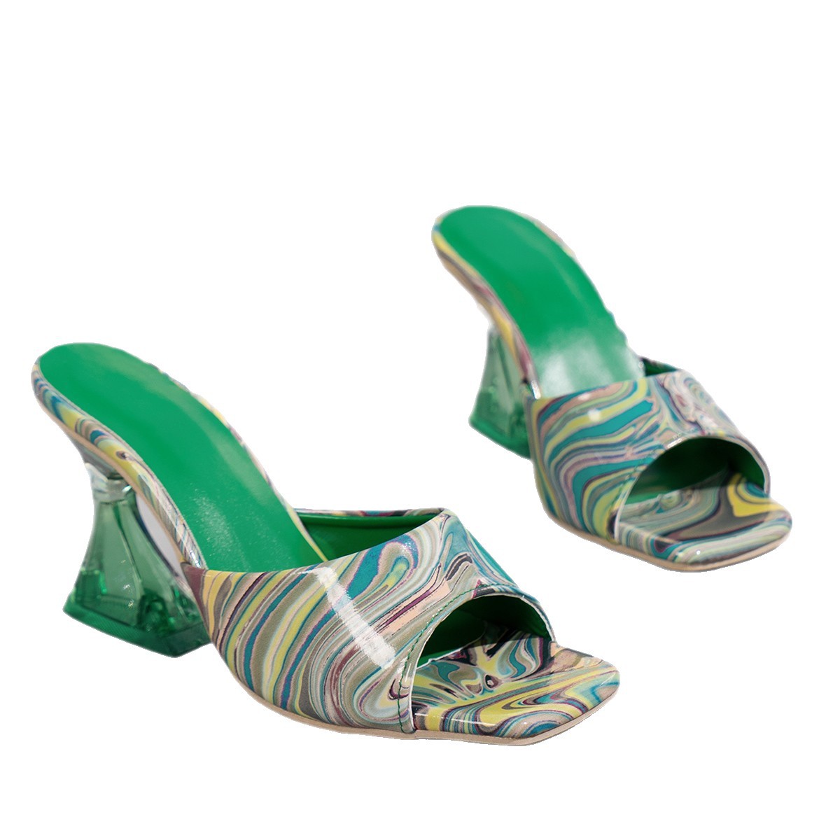 In stock, we offer large-sized 36-43 European and American cross-border colorful graffiti thick-heeled and high-heeled sexy bar catwalk slippers Item Picture