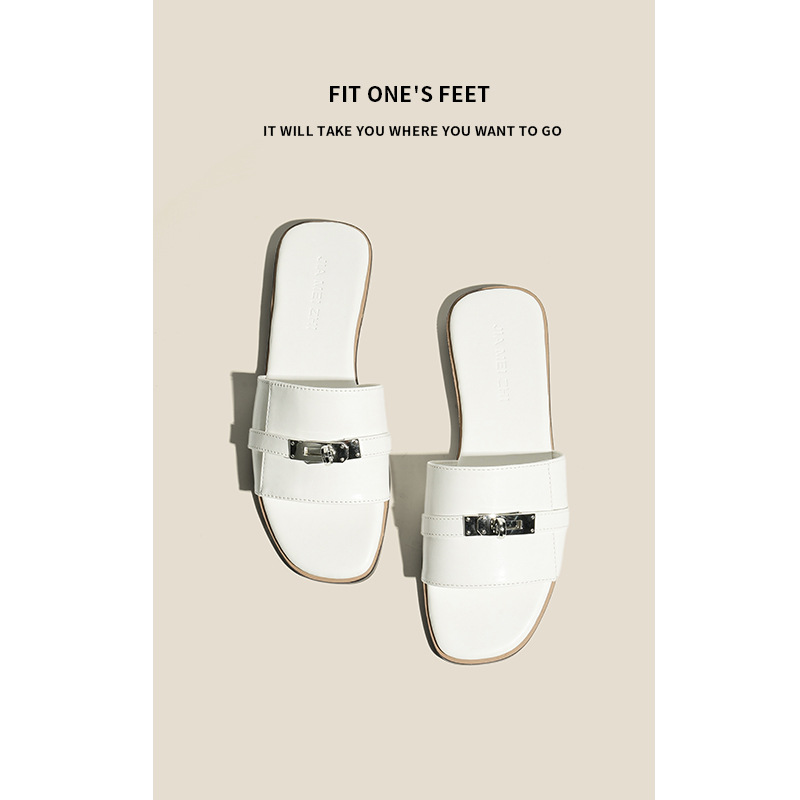 Golden lock buckle one-piece flip-flops for summer women 2025 new flat French cool slippers, half slippers breathable details Picture