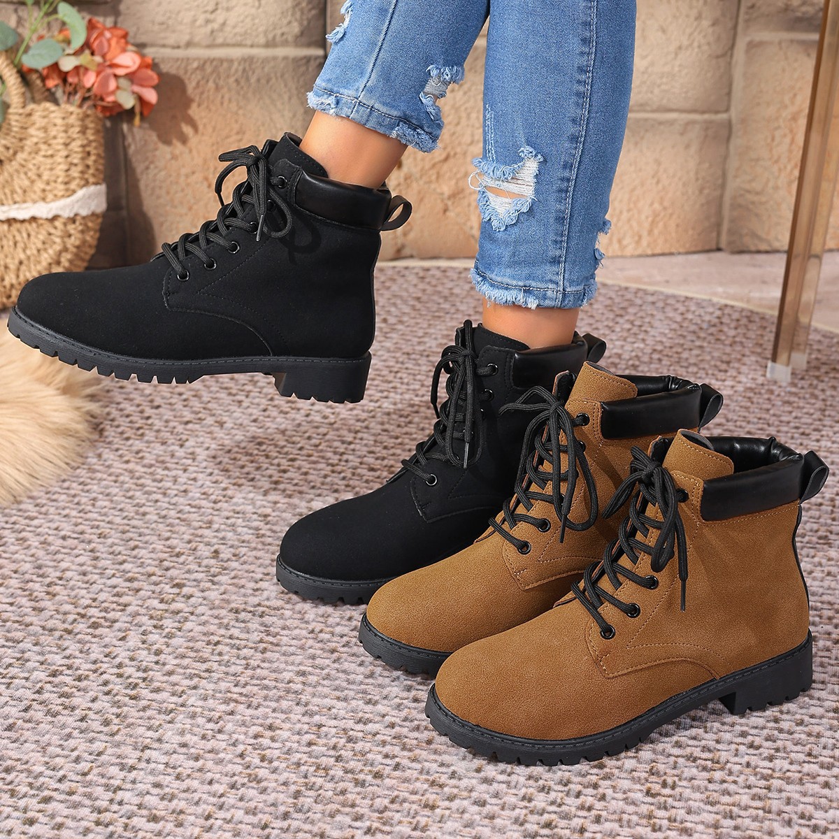 Cross-border large-sized square and Dr. Martens boots for women, new lace-up, fashionable, casual and versatile skinny boots and short boots from Europe and America Application Scenario