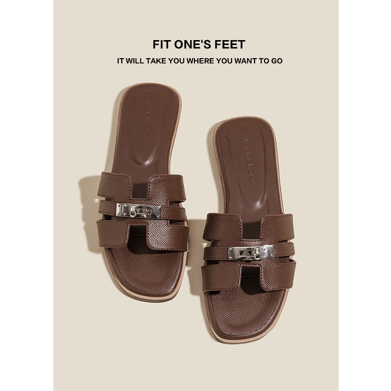 Solid color beach flat slippers for women, new summer 2025 square-toed metal buckle hollowed-out casual one-shoulder flip-flops details Picture