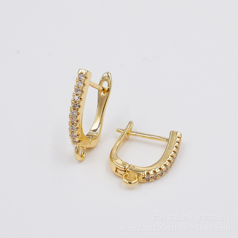 铜耳环电镀18K金色耳环U形镶锆石耳扣配件首饰批发详情5