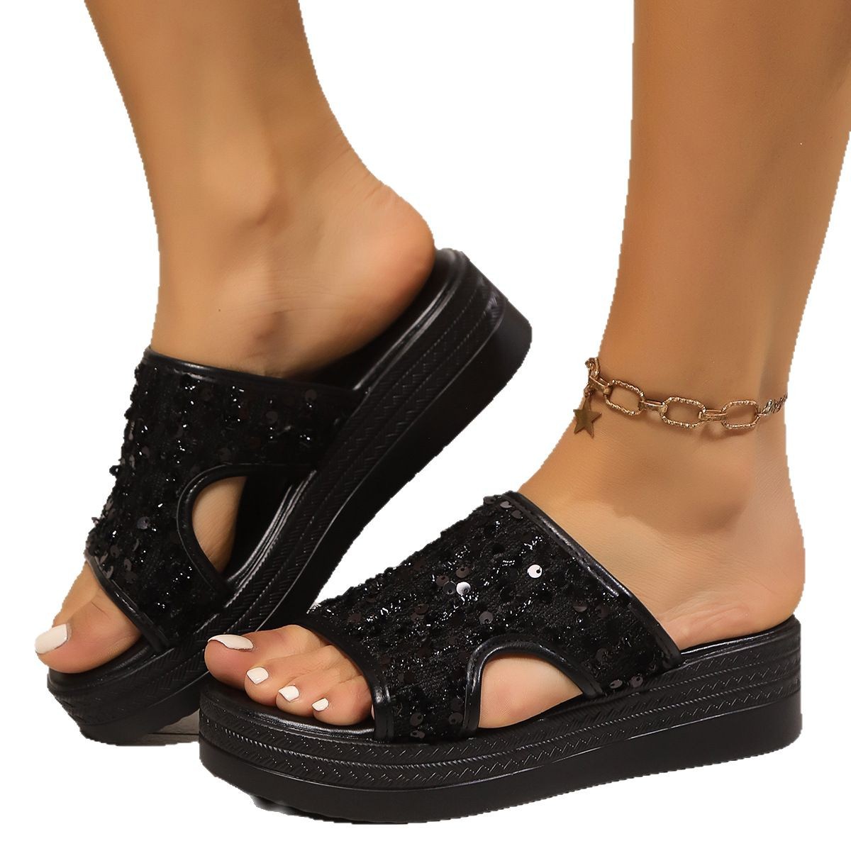 European and American fashion sequined flip-flops for women in summer 2025, a new style of elegant thick-soled outdoor beach flip-flops for ladies Item Picture