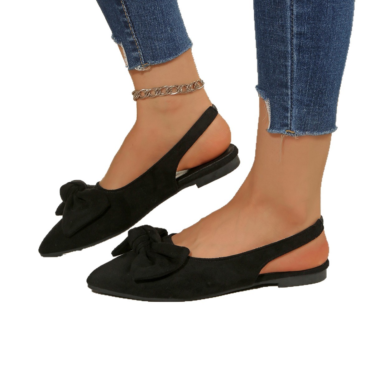 Cross-border 2025 Korean version of Chanel-style bow pointed-toe single shoes for women, new French fairy, with a hollow back and a cool bun Item Picture