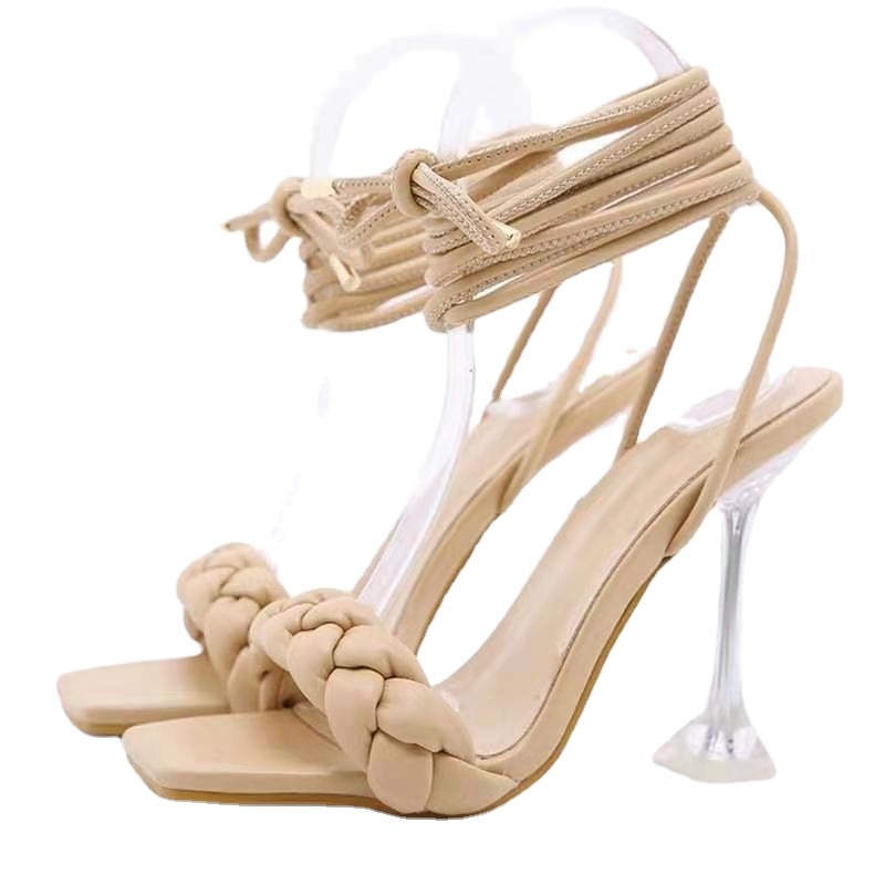 In the summer of 2025, the new lace-up high-heeled sandals in a fairy-like style are a popular European and American wine glass heel high-heeled sandals Item Picture
