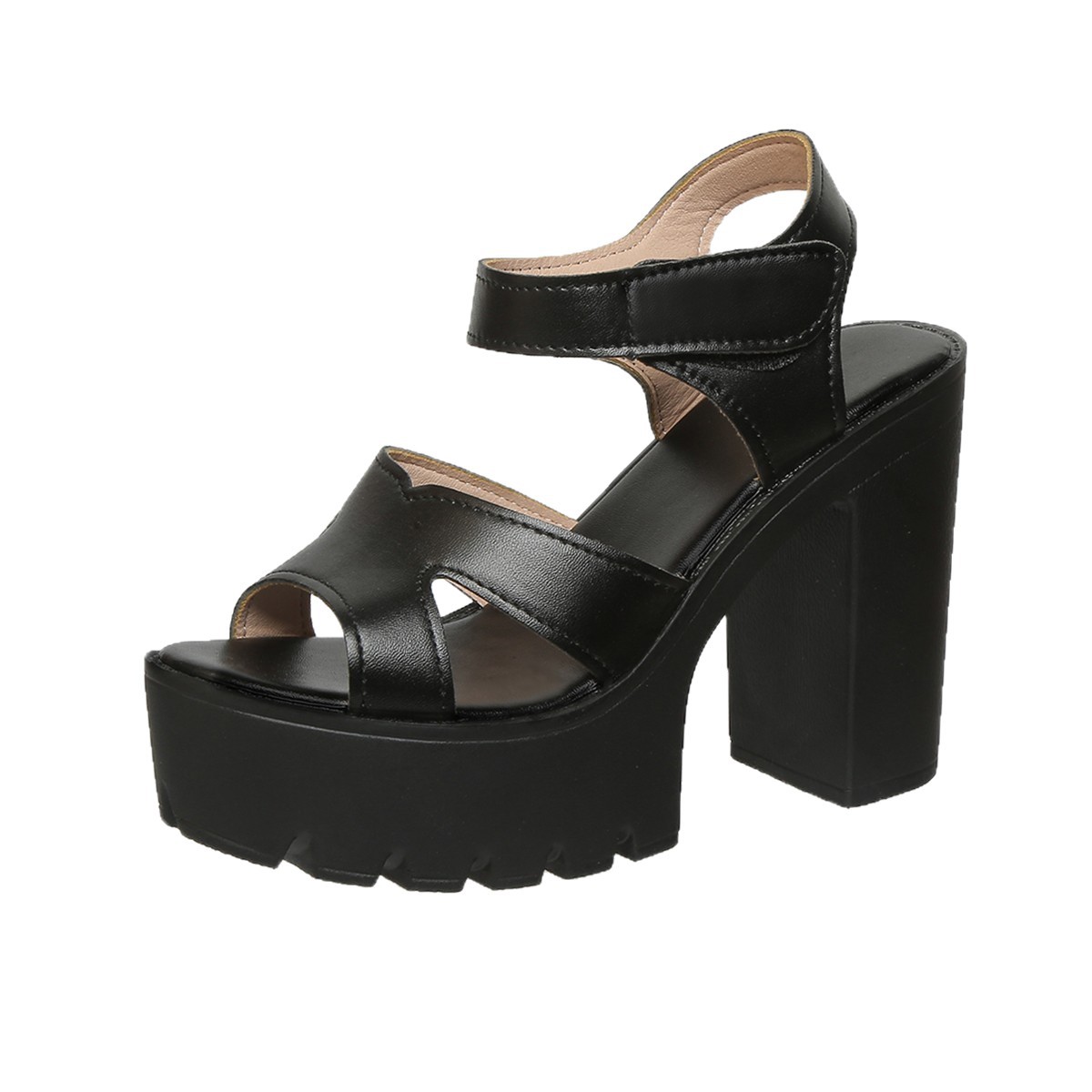 Cross-border 2025 Summer New fashion round head hollow one-piece Velcro plus-size women's high-heeled sandals round Item Picture