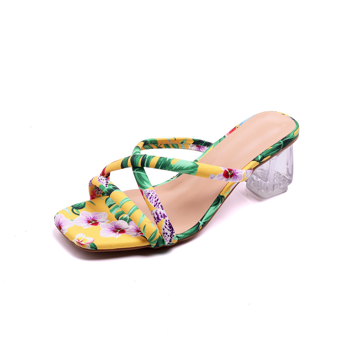 Wholesale of new women's shoes with square toe, floral fabric, cross straps, thick heels and high heels for cross-border 2025 European and American trade Item Picture